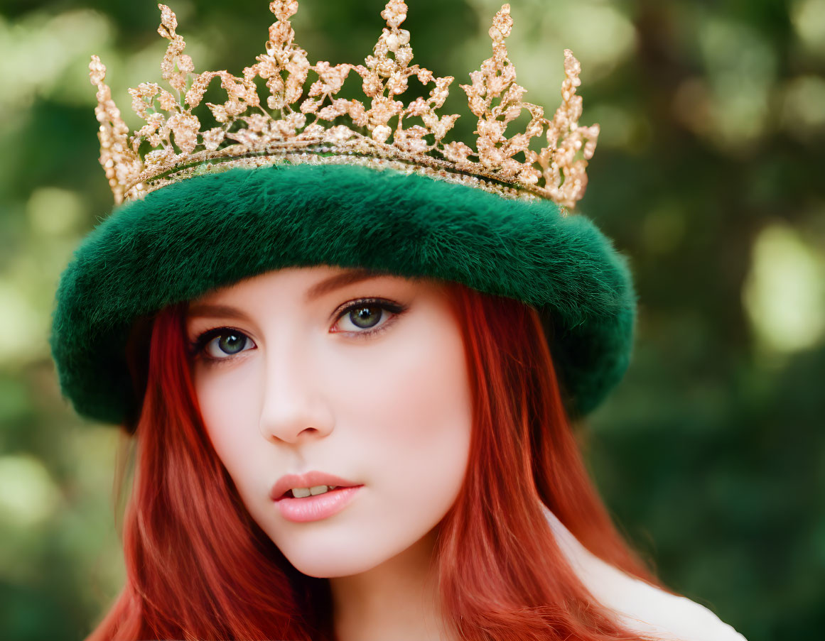 Red-Haired Person Wearing Green Hat and Golden Crown on Blurred Background