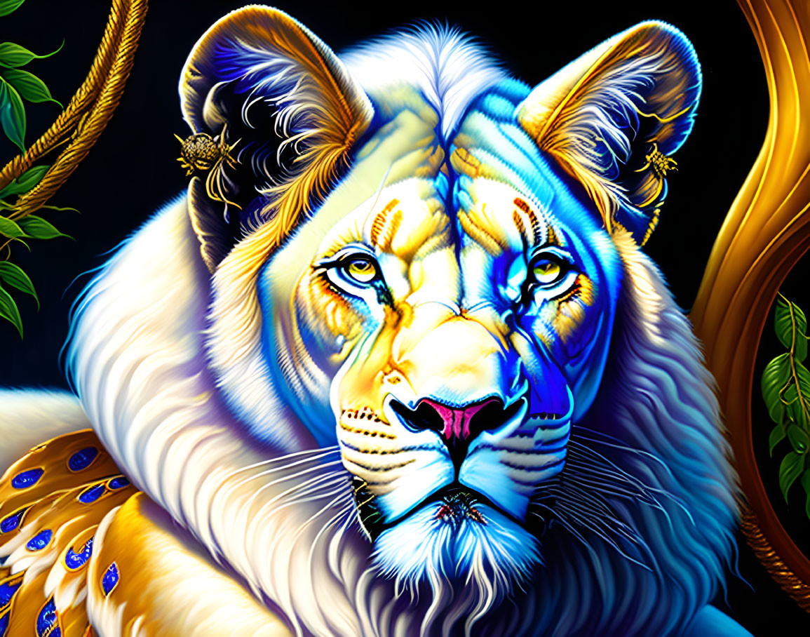 Colorful lion digital artwork with blue eyes and golden details on a dark backdrop