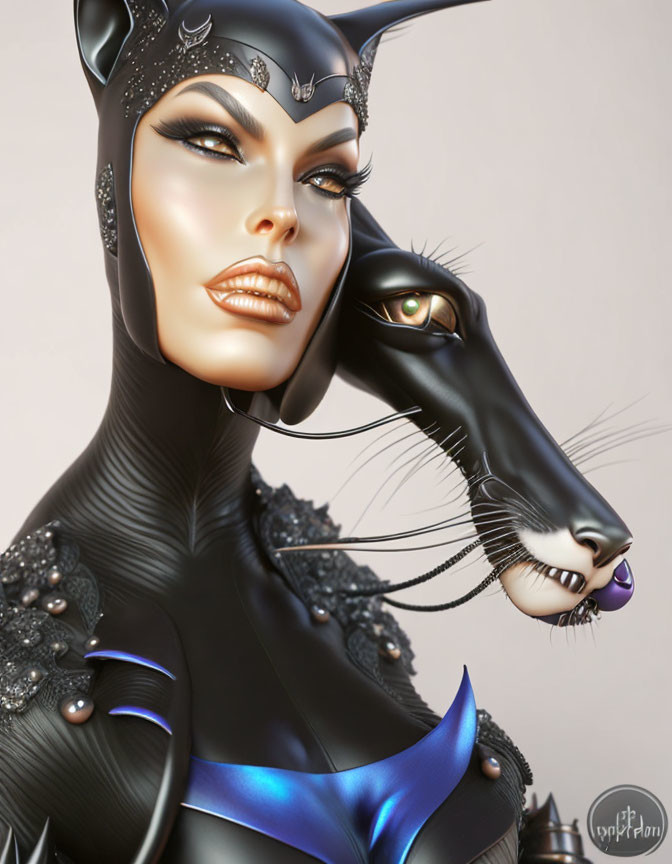 Digital illustration of woman with cat-like features in black costume with panther.