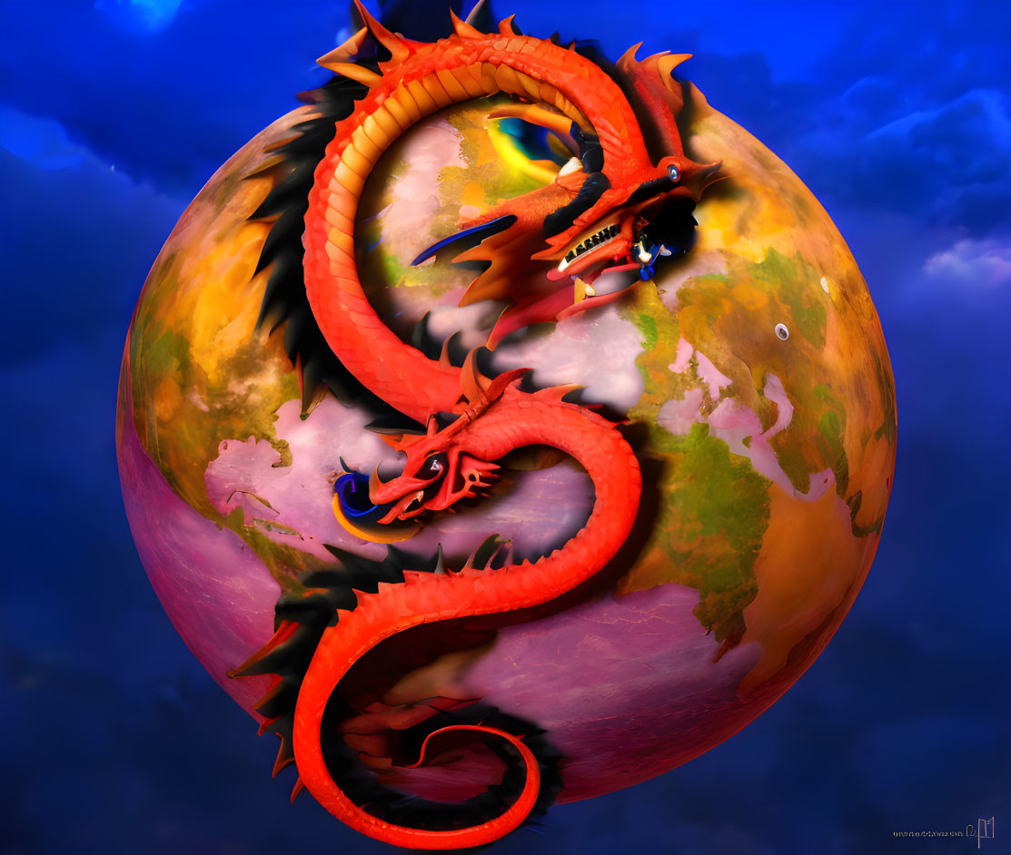 Colorful 3D image of red dragon circling Earth in dramatic sky