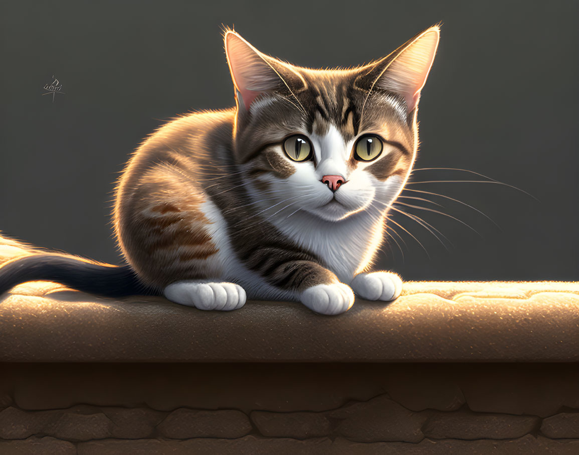 Realistic brown and white tabby cat with yellow eyes lounging on a ledge