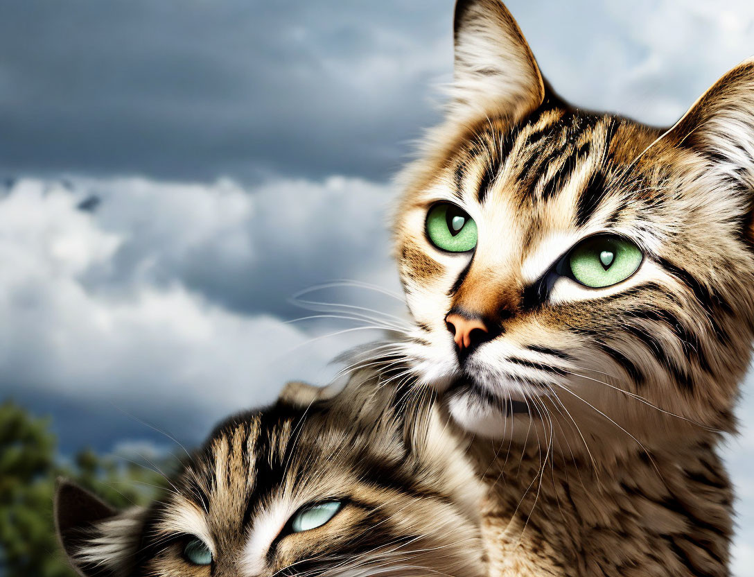 Two cats with striking green eyes on cloudy sky background