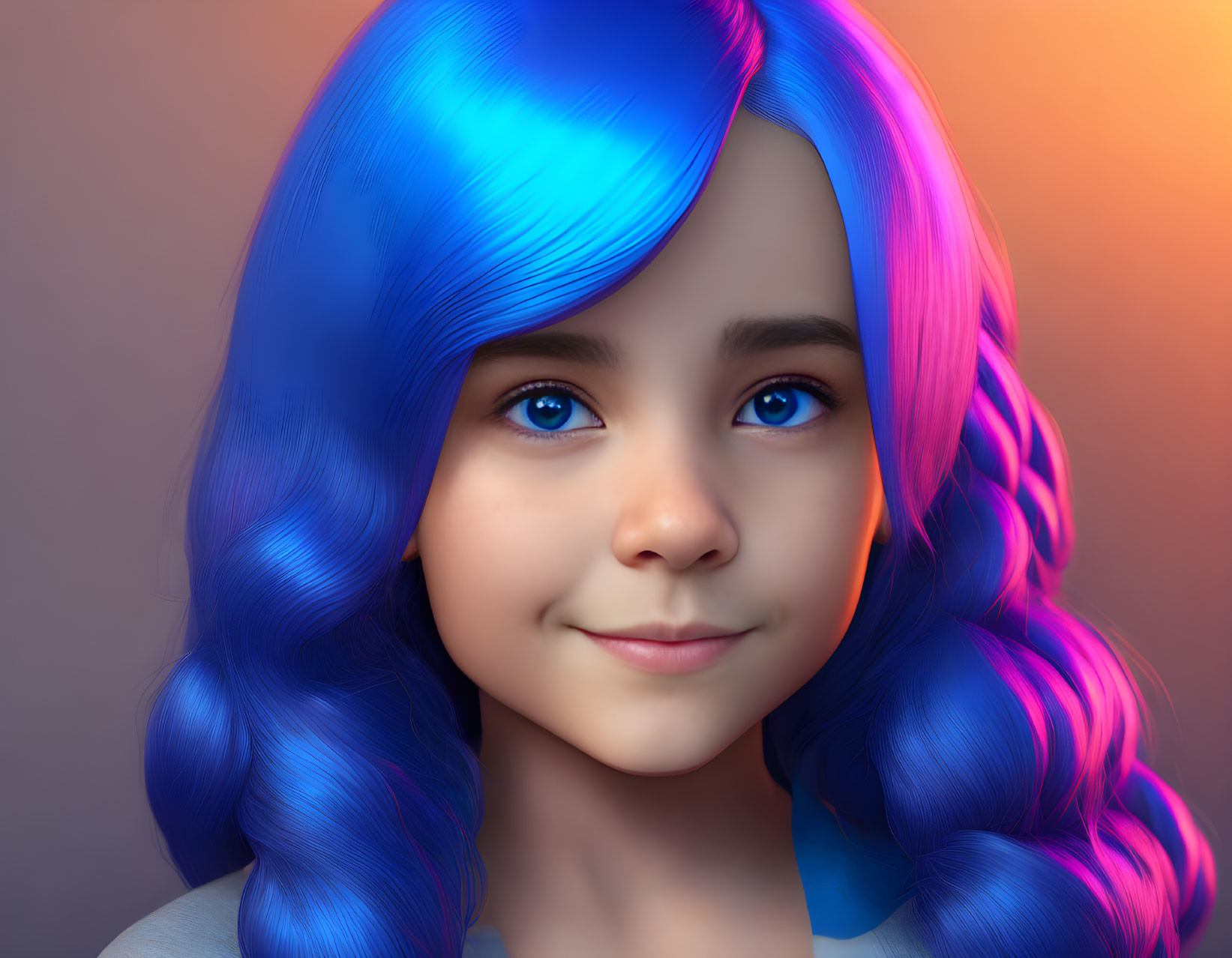 Vibrant blue-haired young girl on warm gradient background