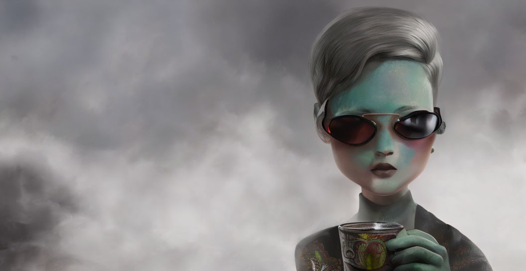 Stylized image of person with green skin and silver hair holding cup against cloudy backdrop