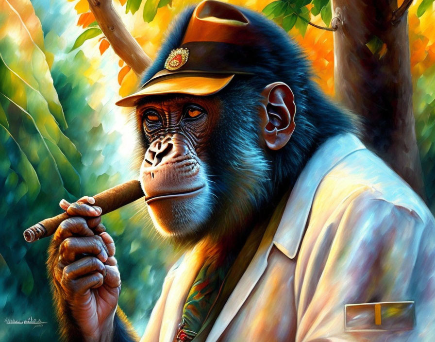 Chimpanzee in Suit and Hat Smoking Cigar in Forest Setting