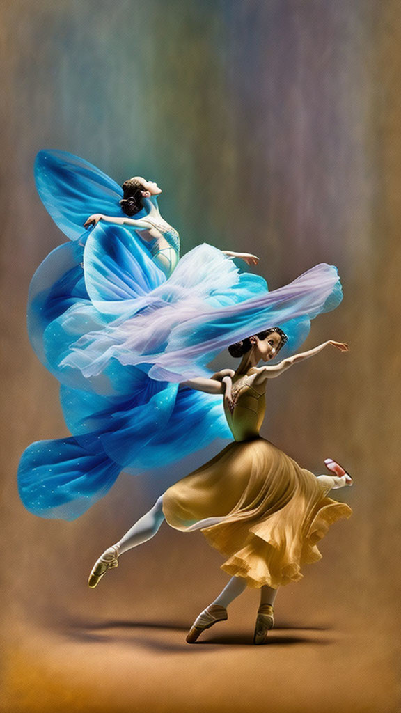 Flowing dresses dancers mid-twirl warm-toned backdrop elegant poses dance dynamism