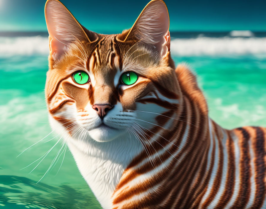 Digitally altered cat image with ocean wave background and green eyes