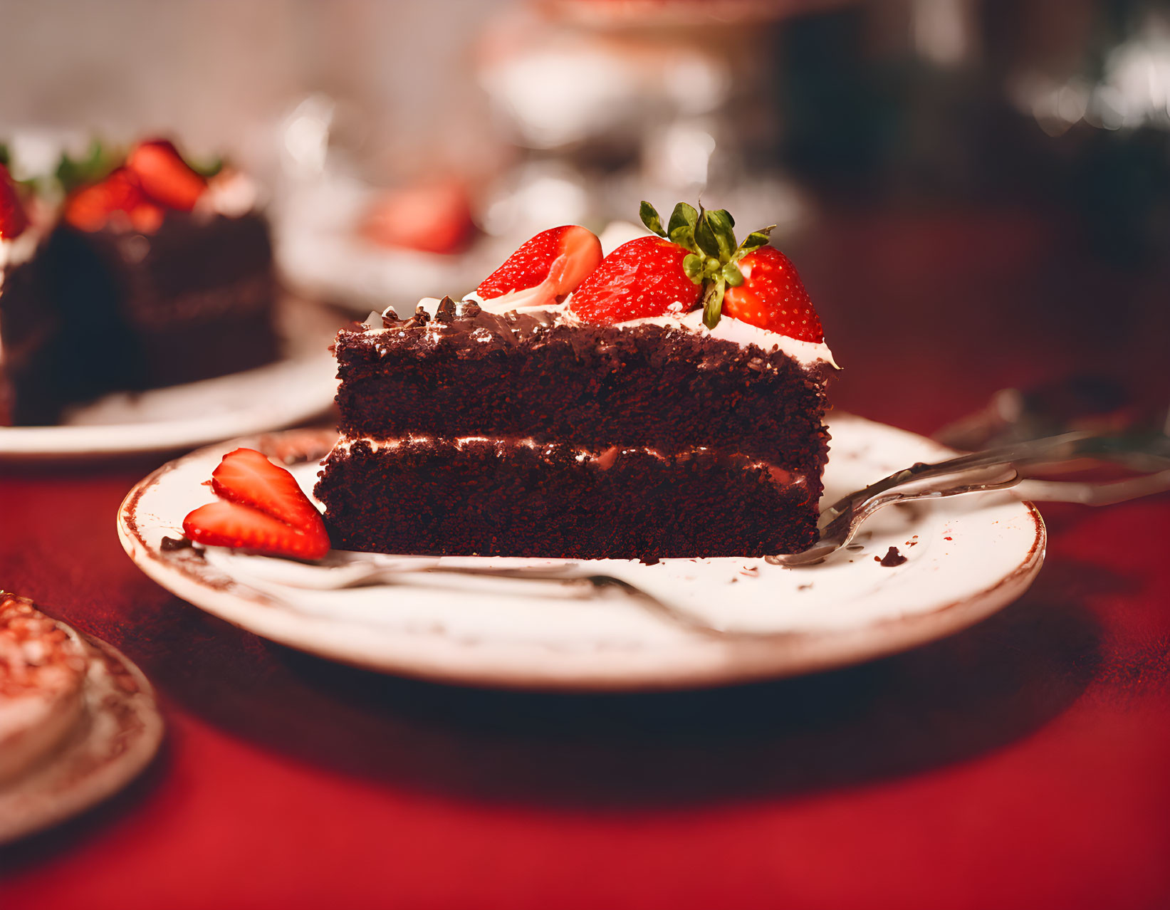 Chocolate Cake Slice with Strawberries on Plate and Fork - Blurred Red Background