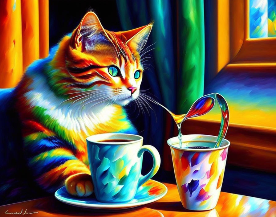 Colorful Painting: Orange Tabby Cat Watching Levitating Spoon with Liquid Drop Towards Cup