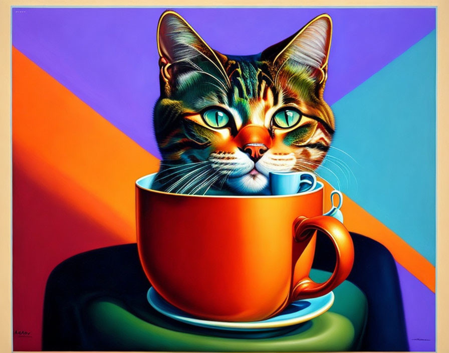 Colorful Tabby Cat Painting in Orange Cup with Geometric Background