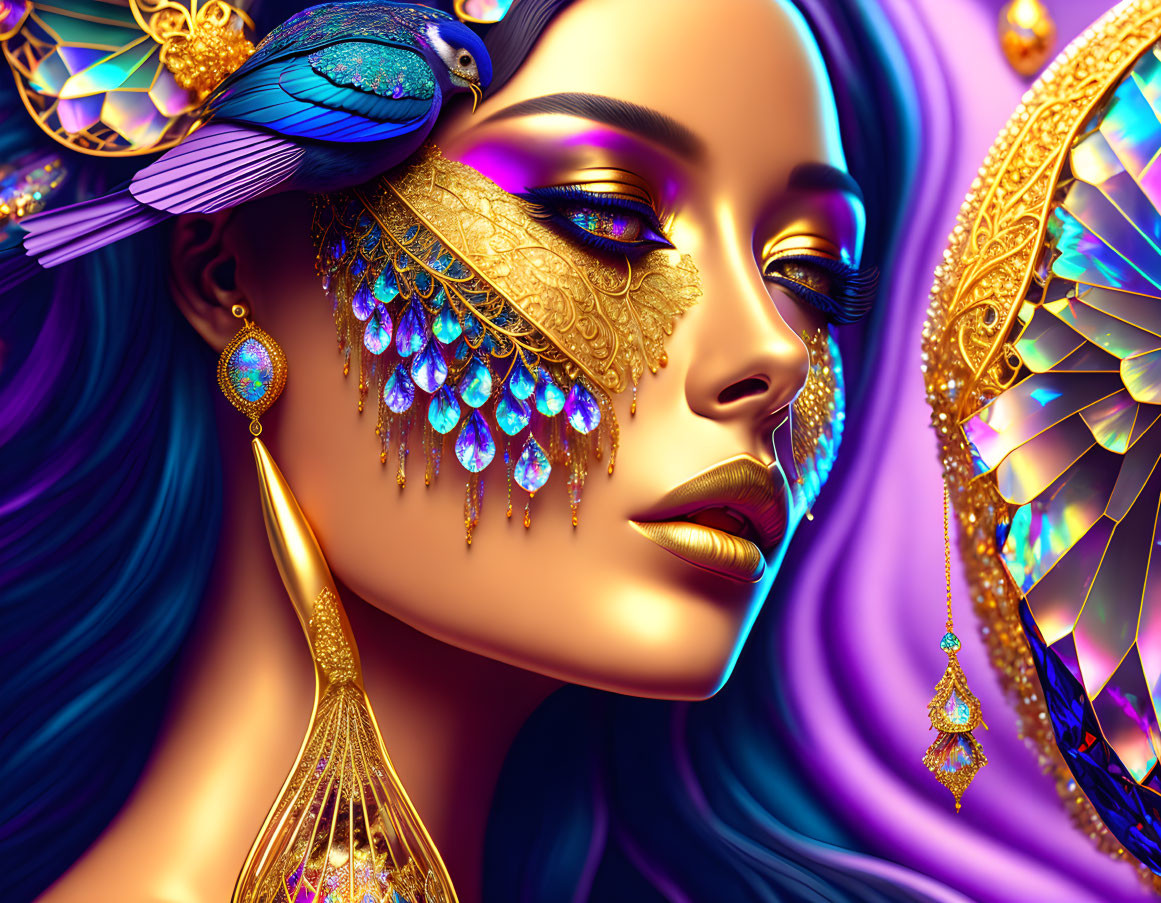 Colorful digital artwork featuring woman with gold facial jewelry, metallic peacock feather, blue bird, and