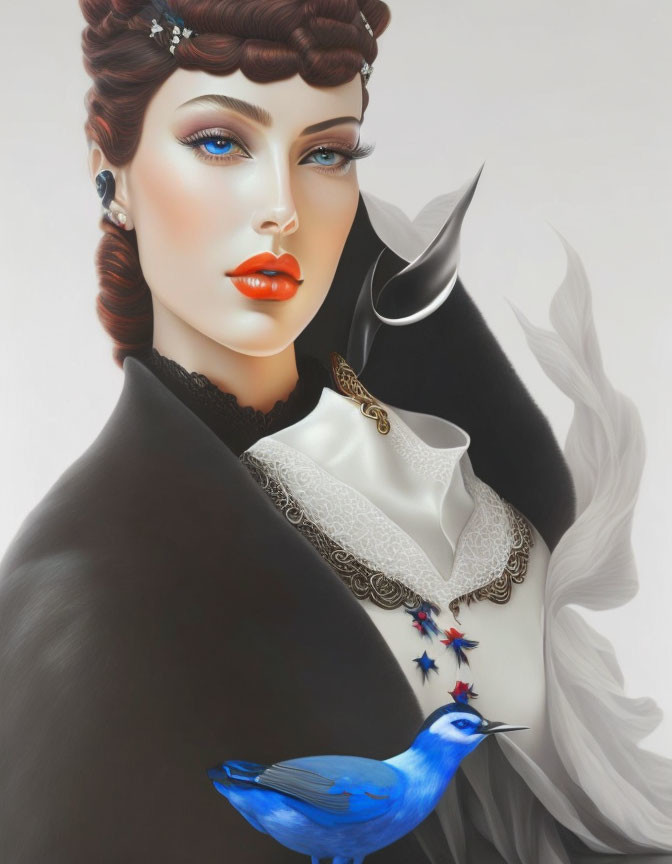 Illustrated woman with star-adorned braided hair and blue bird in black and white outfit