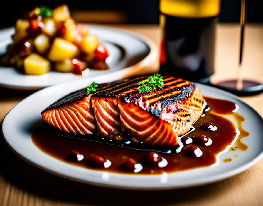 Freshly Grilled Salmon Fillet with Herb Garnish and Sauce, Served with Diced Veget