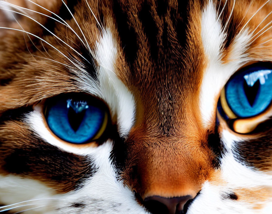 Striking blue-eyed cat with white, brown, and black fur close-up