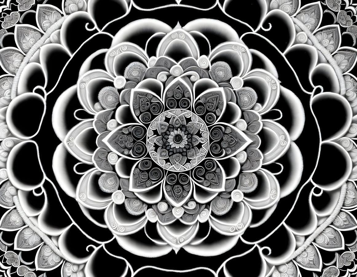 Detailed Black and White Mandala Design with Floral and Abstract Patterns