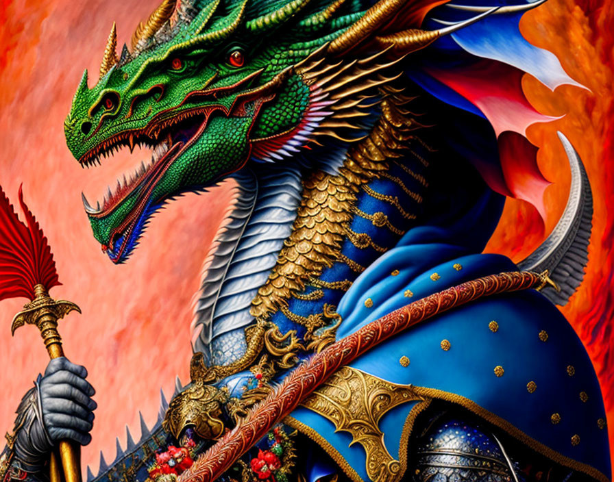 Colorful dragon and armored figure in fiery scene.