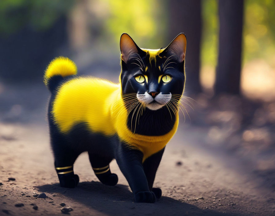 Black Cat with Yellow Stripes and Bright Eyes Walking on Dirt Path