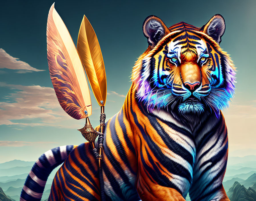 Colorful Stylized Tiger Artwork with Swords and Mountain Background