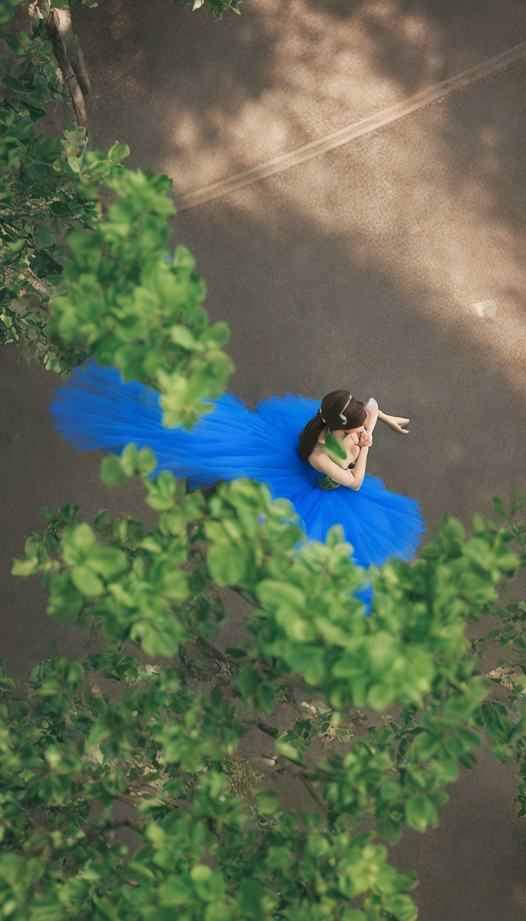 Woman in Blue Dress Sitting Among Green Foliage