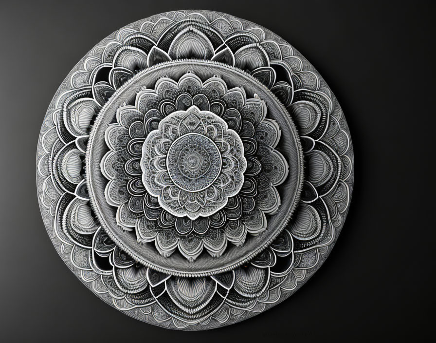 Detailed Grayscale Circular Mandala on Dark Background