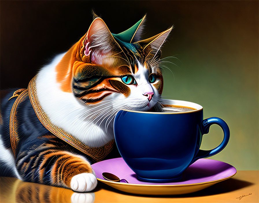 Multicolored Cat Illustration with Green Hat and Blue Coffee Cup