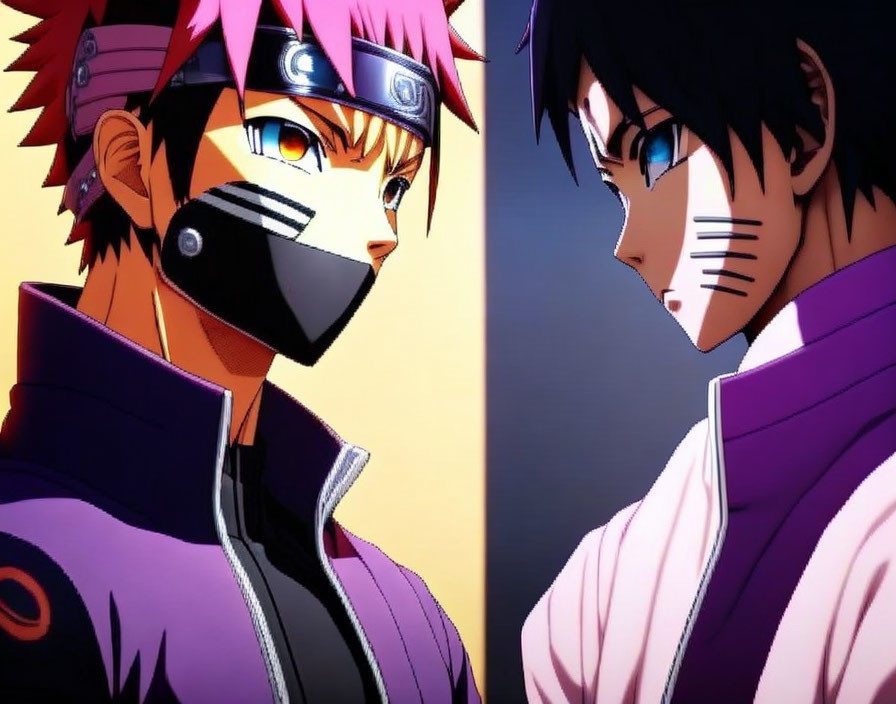 Anime characters: Orange hair with black headband, black hair in purple outfit