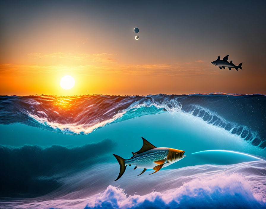 Ocean split in half with underwater life and shark silhouette under sunset sky