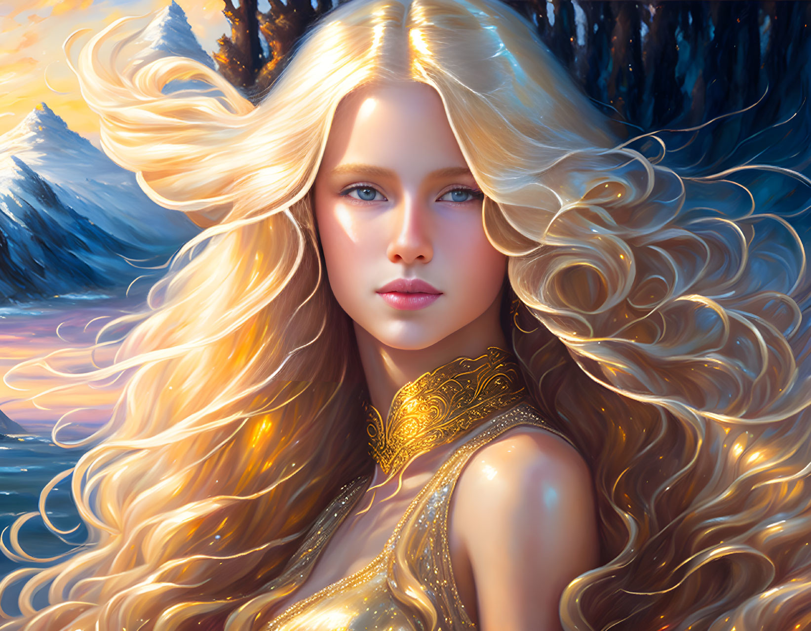 Digital artwork featuring woman with golden hair and dress in snowy mountain setting