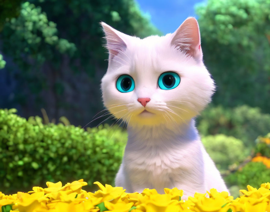 White Animated Cat with Turquoise Eyes Surrounded by Yellow Flowers