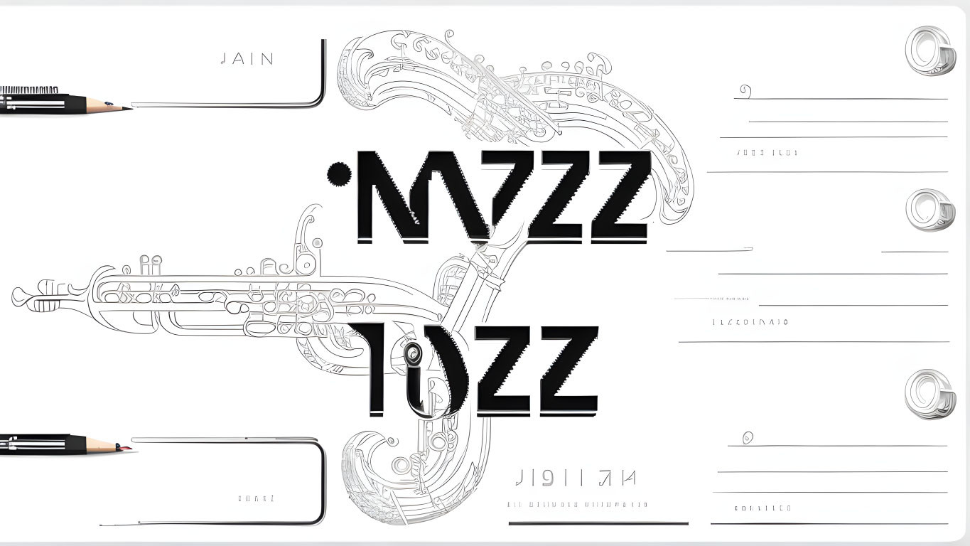 Monochrome "JAZZ" image with musical instrument and sound wave designs