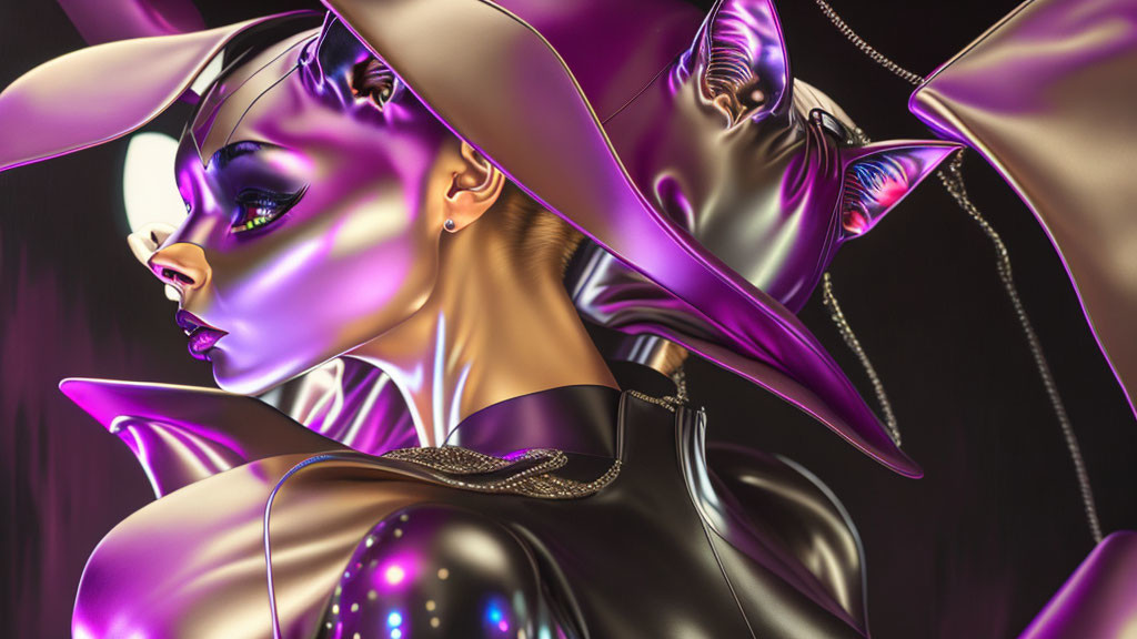 Metallic-skinned female figure with violet hues, pointed hat, and cat-like ears on dark background