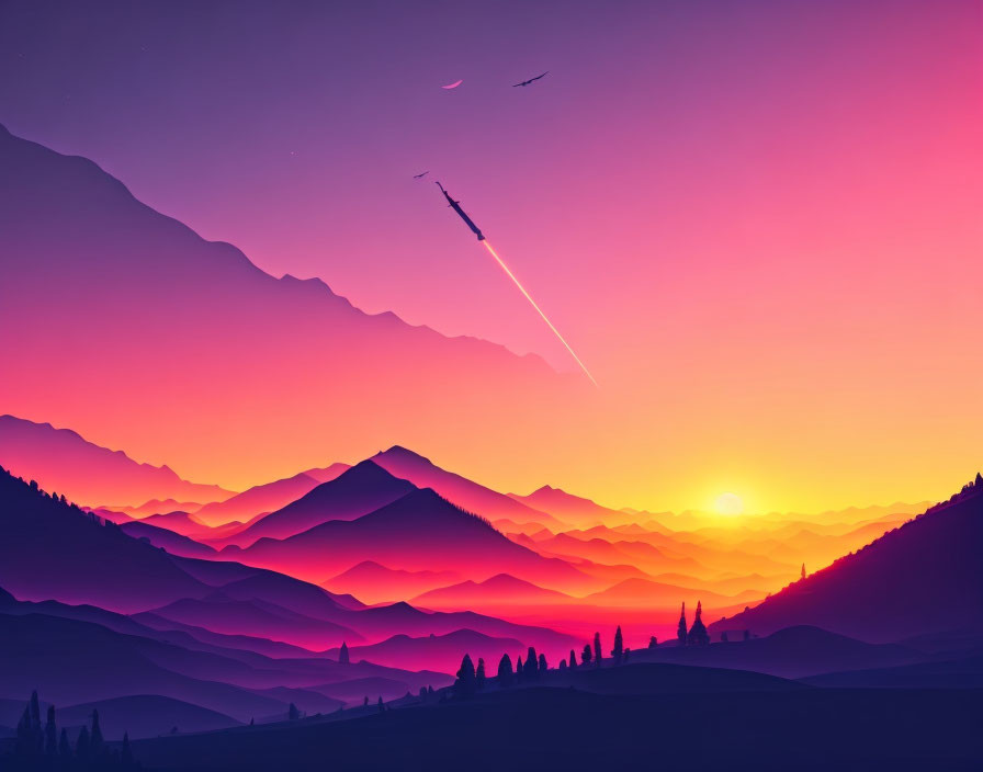 Digital Art: Vibrant Sunset with Purple Mountains and Silhouetted Trees