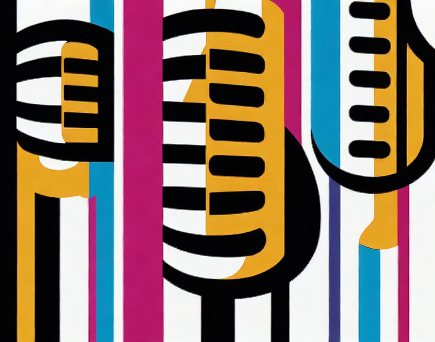 Colorful Vertical Stripes with Black Microphone Silhouettes: Abstract Graphic Design