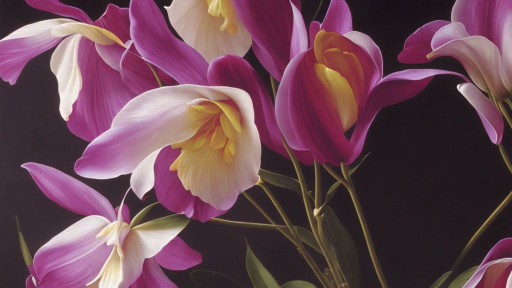 Vibrant Purple and Yellow Tulips Against Dark Background