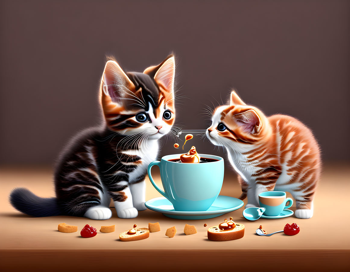 Adorable kittens observing hot chocolate with cookies and cherries