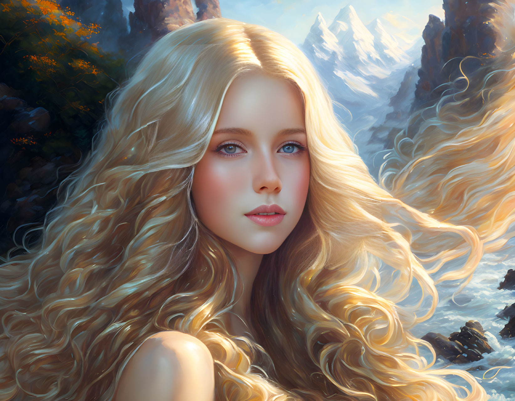 Digital portrait of woman with golden hair and blue eyes in mountain forest.