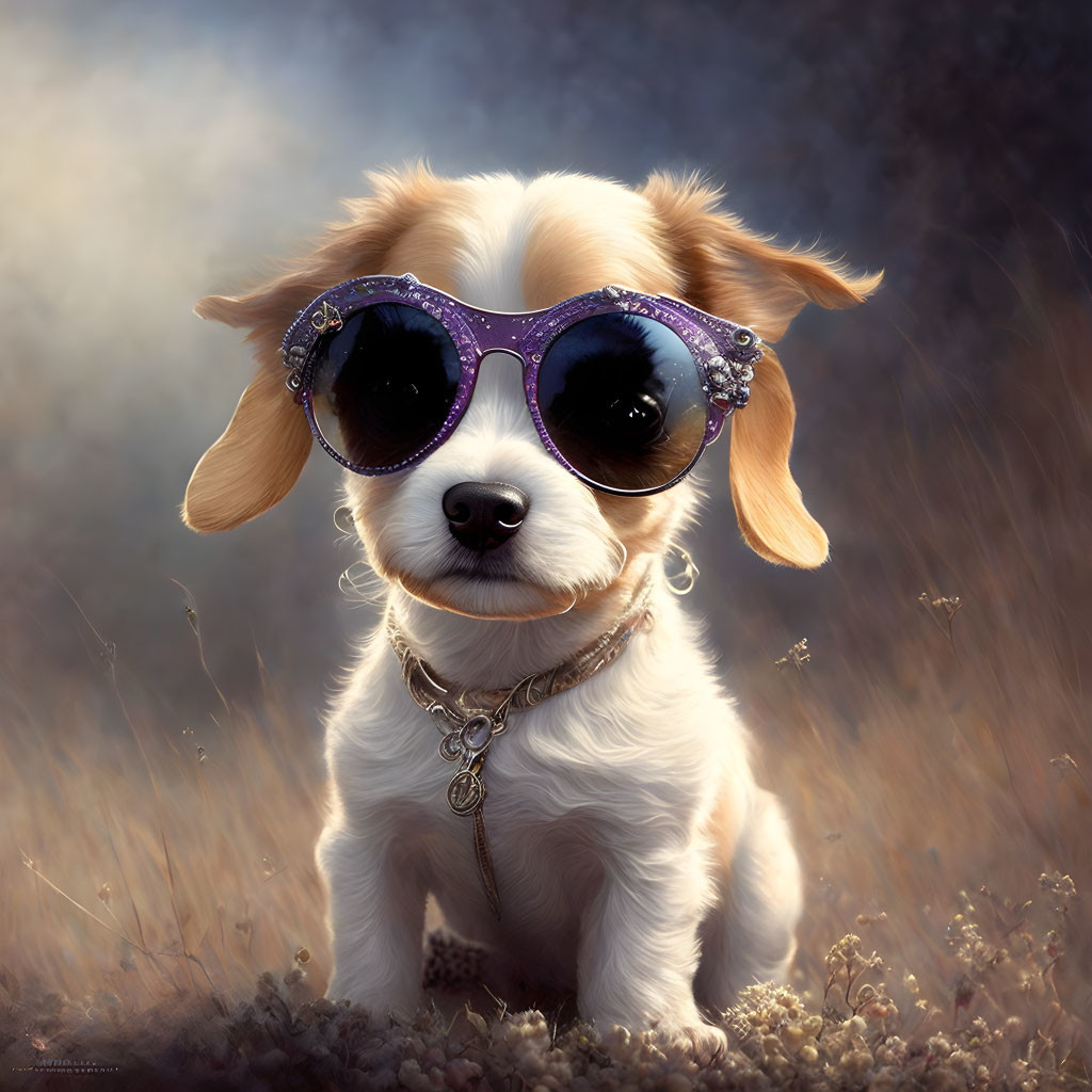 White Dog Wearing Purple Sunglasses and Silver Chain Collar