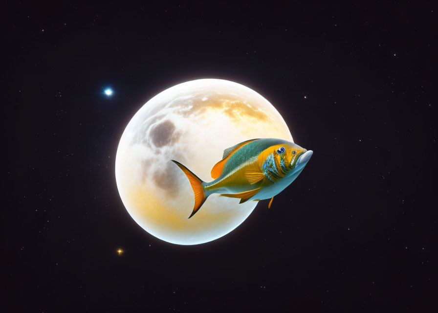 Colorful Fish Swimming in Space with Moon and Stars