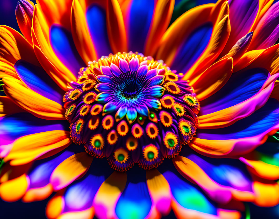 Colorful Flower with Blue to Orange Gradient Petals and Patterned Center