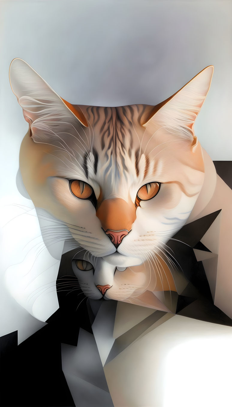 Abstract black and white cat artwork with realistic face and amber eyes