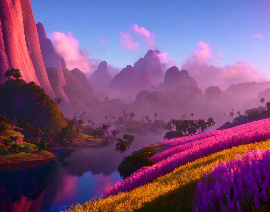 Tranquil landscape with purple flora, river, hills, and misty mountains at sunset