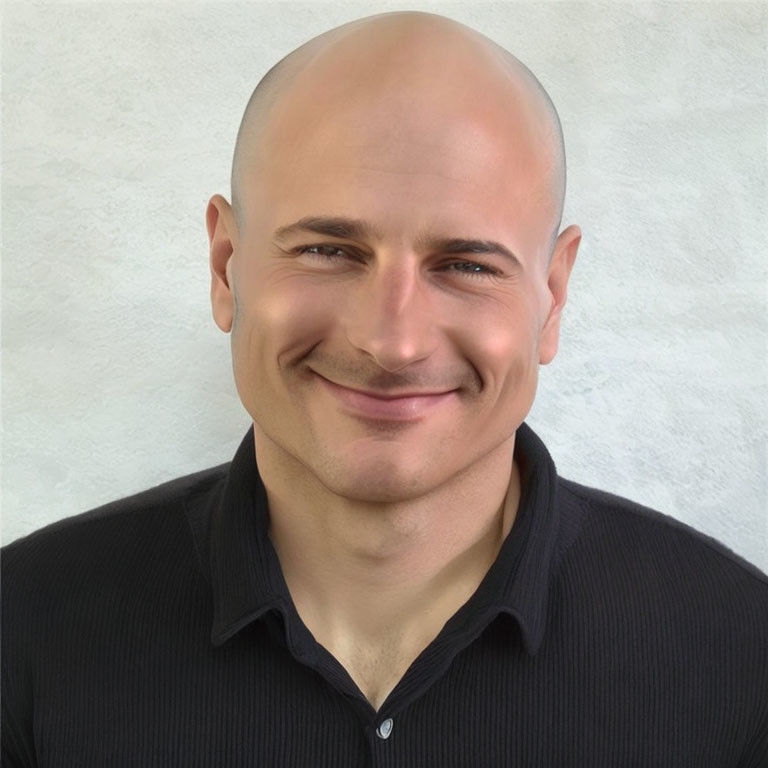 Bald man with goatee in black shirt on light background