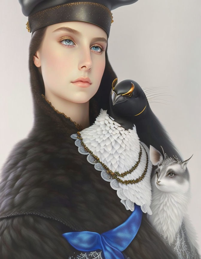 Digital artwork featuring elegant woman with black eagle and white creature, adorned with jewelry and military-style cap.