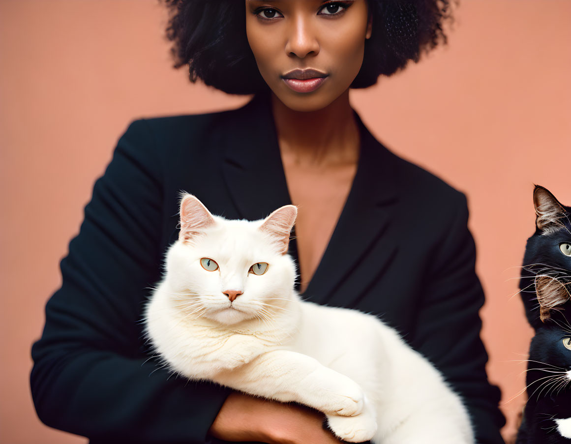 Woman holding white cat with blue eyes, black and white cat on peach background