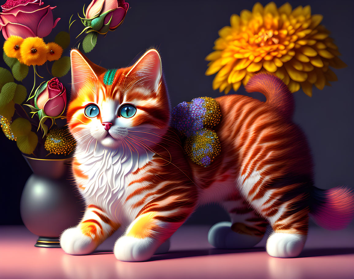 Orange Tabby Kitten with Blue Eyes and Butterfly Wings Next to Vase of Flowers