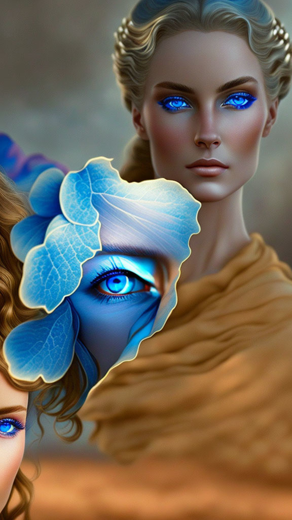 Portrait of a woman with blue eyes and a flower, merging faces in digital art