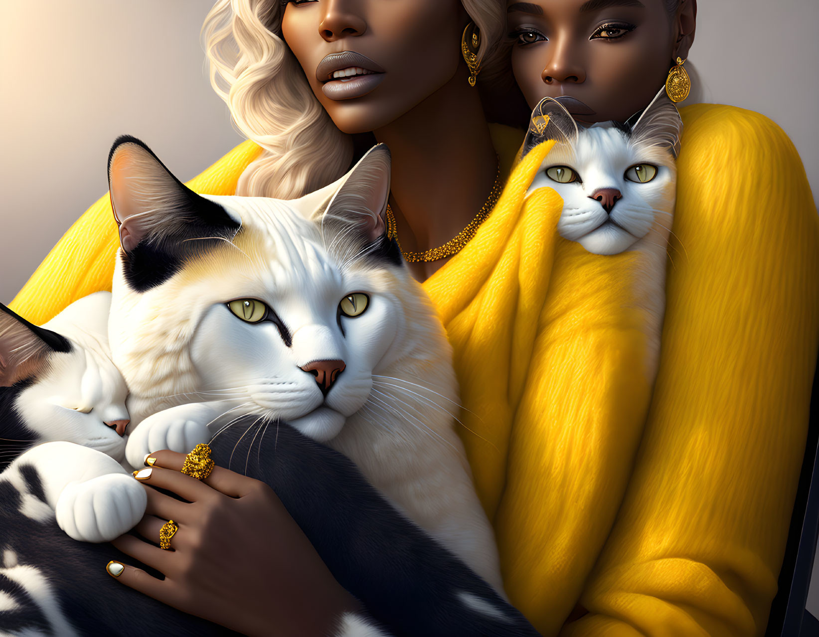 Two Women in Matching Yellow Attire Holding Two Cats with Similar Fur Patterns