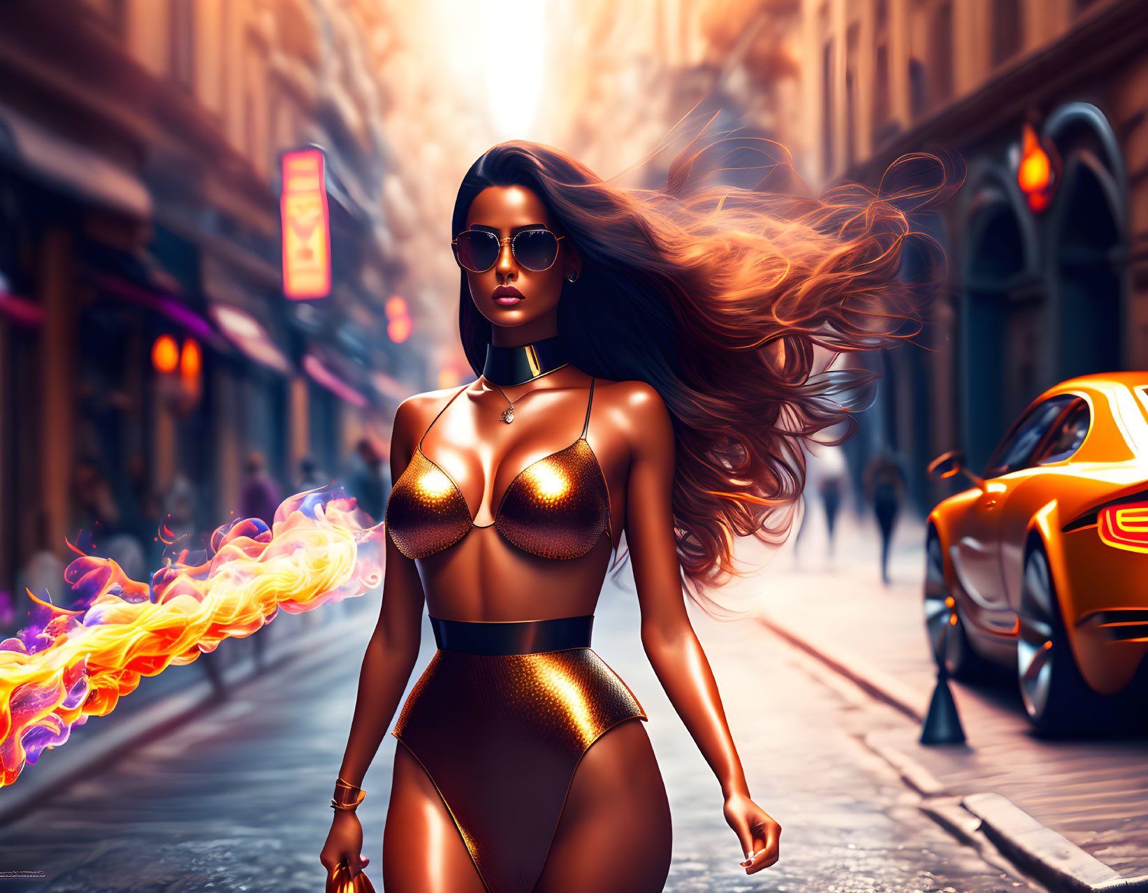 Stylized illustration of confident woman in futuristic attire on city street