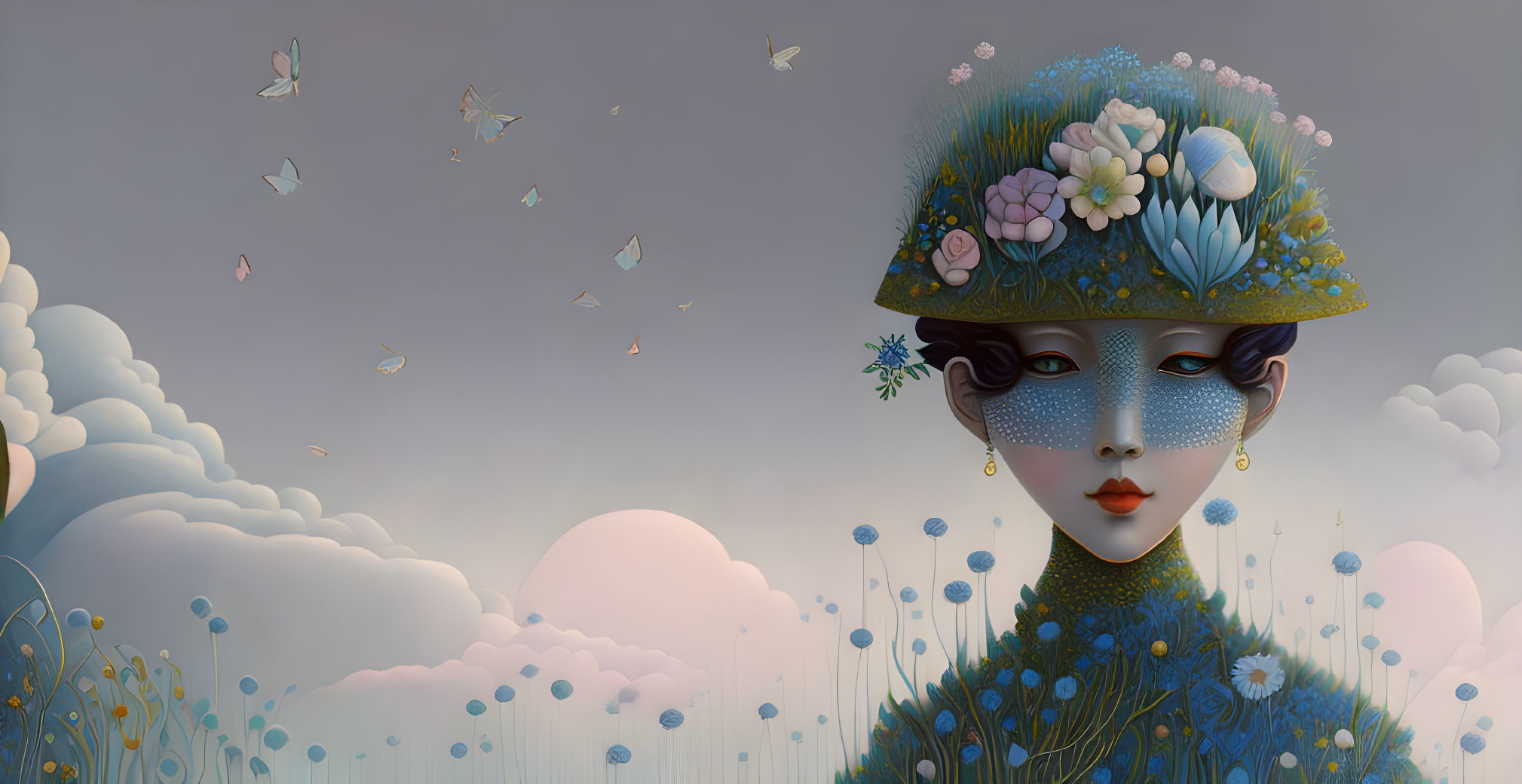 Person with floral elements and butterflies in surreal artwork