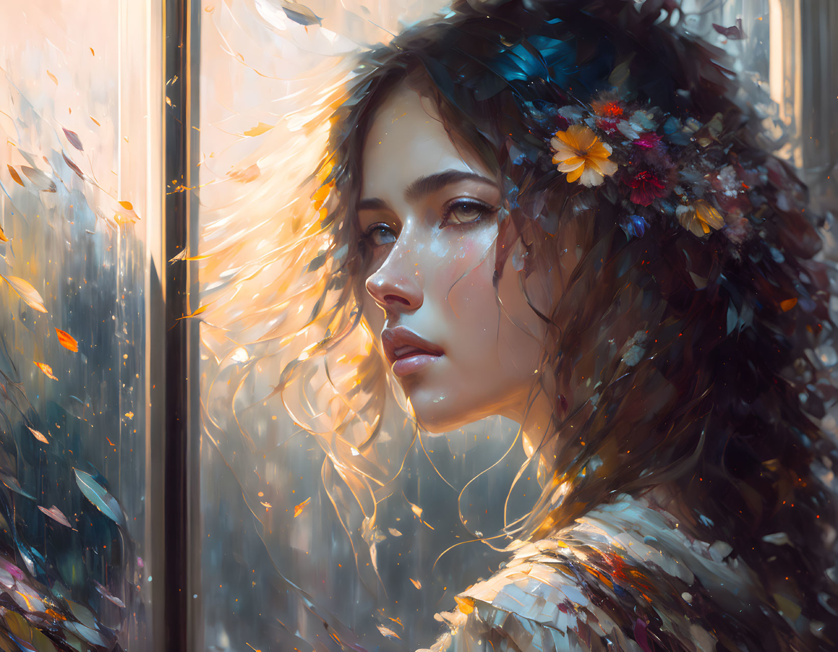 Woman with flowers in hair gazes out window in digital painting